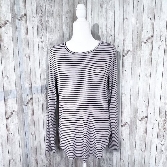 Old Navy Long Sleeve Tee | Taupe & Black Stripe | Medium | Scoop Neck | Stretch - Picture 1 of 7